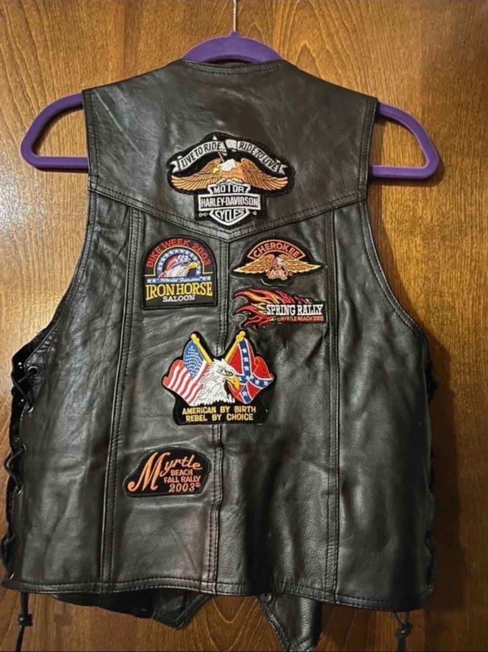 Harley-Davidson style Black Leather Vest with Multi-Color Rally Patches